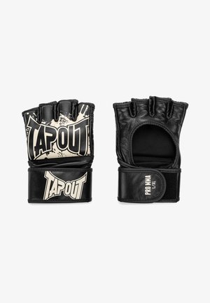 Black leather training gloves with fingerless design, featuring white "TAPOUT" logo and adjustable Velcro wrist strap for secure fit.
