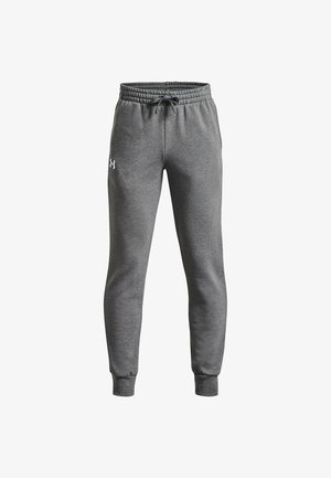 Graue Sweatpants mit einem elastischen Taillenbund und verstellbarem Kordelzug. Mit schmalen Bündchen und einem kleinen Logo auf dem linken Oberschenkel.