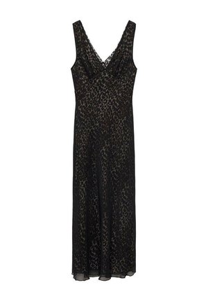 Zwarte maxi-jurk met een luipaardprint, V-hals en vloeiende silhouet. Gemaakt van lichtgewicht stof met een zachte textuur.