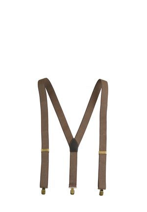 Barna szövetből készült nadrágtartó három rézkapoccsal és állítható réz csúszkákkal, Y-alakban elrendezve fehér háttér előtt.