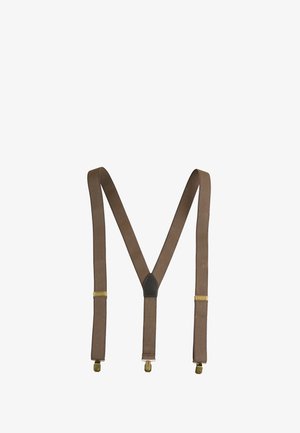 Brown fabric suspenders with three brass clips and adjustable brass sliders, arranged in a Y-shape against a white background.