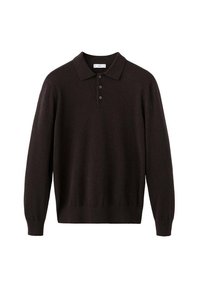 Maglione polo a manica lunga marrone scuro realizzato in tessuto morbido, con colletto classico, patta con tre bottoni e polsini a costine.