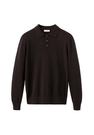 Dunkelbrauner langärmeliger Polo-Pullover aus weichem Stoff, mit klassischem Kragen, Knopfleiste mit drei Knöpfen und gerippten Bündchen.