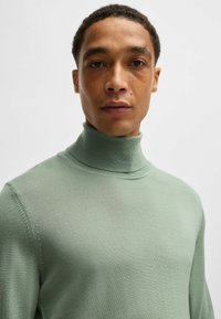 Light green turtleneck sweater made of fine knit material, featuring a fitted silhouette and ribbed detailing at the collar and cuffs.
