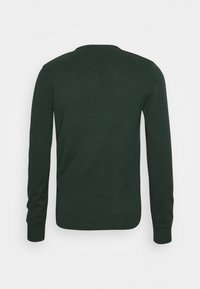 Pull vert foncé à manches longues avec col rond, vu de dos avec un ourlet et des poignets côtelés sur fond blanc uni.