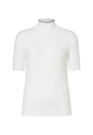 Weißer, gerippter Kurzarm-Pullover mit Stehkragen und figurbetonter Silhouette vor neutralem Hintergrund.