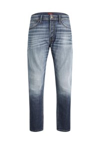 Jeans in denim blu sbiadito con taglio dritto, caratterizzati da tonalità più chiare nella parte superiore e più scure in fondo, cinque tasche e chiusura con bottone classico.