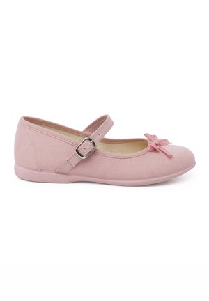 Pink fabric ballet flats with a rounded toe and a small bow detail. Features a buckle strap and a flexible sole for comfort.