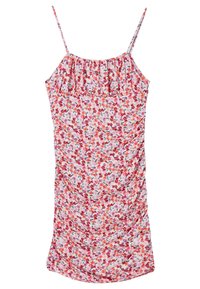 Vestido mini floral con tirantes finos, que presenta un diseño fruncido. El material es ligero y tiene un patrón de flores en rosa, rojo y verde.