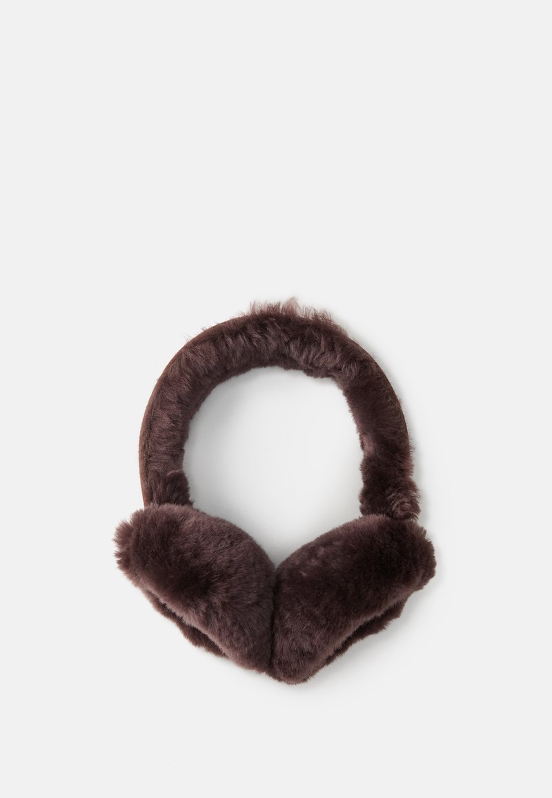 Hnědé náušníky z umělé kožešiny s měkkou, plyšovou texturou a zaobleným designem. Polstrované sluchátka a flexibilní hlavový most pro pohodlí.