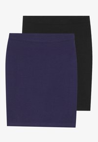 Pack of two fitted skirts: one solid black and one solid dark purple. Made from a smooth fabric with elasticized waistbands.