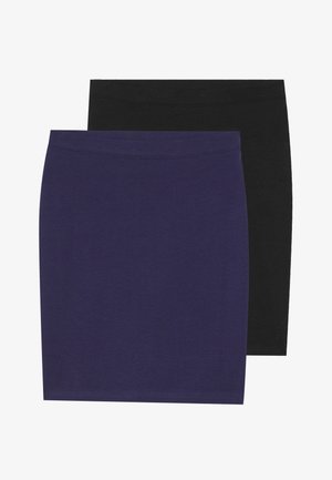 Paket mit zwei engen Röcken: einer einfarbig schwarz und einer einfarbig dunkel lila. Hergestellt aus einem glatten Stoff mit elastischen Taillenbündchen.