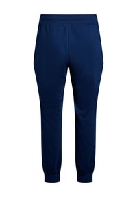 Navyblauwe tapered joggers gemaakt van zachte stof met een elastische tailleband en elastische boorden bij de enkels. Glad textuur, geen patronen of accenten.