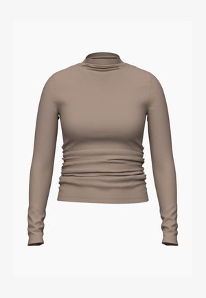 Ilga rankovė, turtleneko tipo palaidinė viengubos šviesiai rudos spalvos. Savybė - susirinkimo detalės juosmens srityje ir lygus paviršius. Minkšta medžiaga.