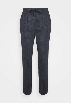 Pantalones ajustados gris oscuro con pequeño patrón de cuadros, cintura elástica y cordón negro en la parte delantera.