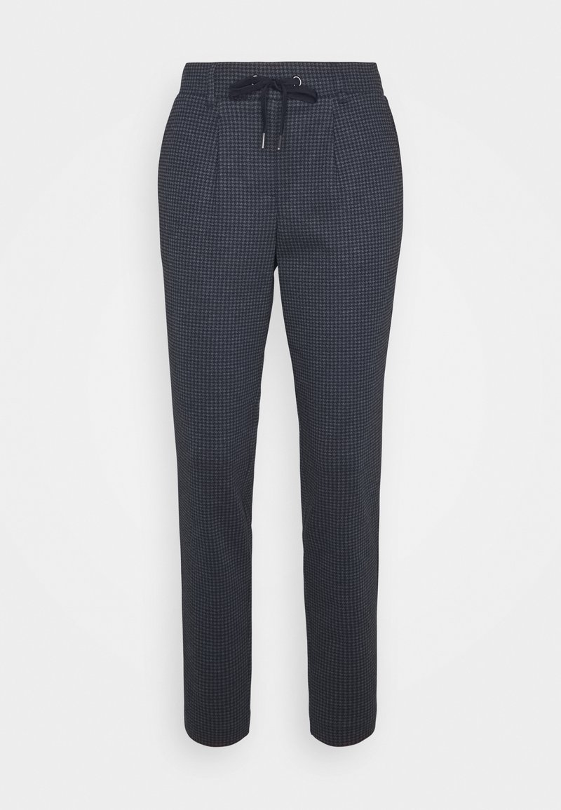 Pantalon slim gris foncé avec petit motif à carreaux, taille élastique et cordon de serrage noir à l'avant.