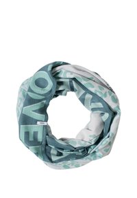Écharpe circulaire en tissu doux, présentant un imprimé léopard bleu sarcelle et menthe clair avec le texte audacieux "LOVE" en bleu sarcelle foncé.