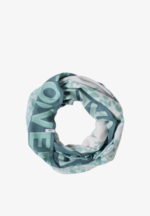 Ronde infinity sjaal gemaakt van zacht materiaal, met een teal en lichtmint luipaardprint en vetgedrukte tekst "LOVE" in donker teal.