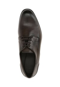 Zwarte leren schoen met een ronde neus, vetersluiting aan de voorkant en een gladde textuur. Iets verhoogde hak en minimale stiksels.