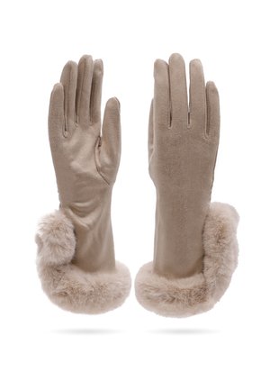 Guanti in suede beige morbido con polsini in pelliccia soffice, mostrati dalla vista del palmo e dal retro su uno sfondo bianco.