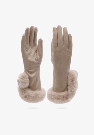 Guanti in suede beige morbido con polsini in pelliccia soffice, mostrati dalla vista del palmo e dal retro su uno sfondo bianco.