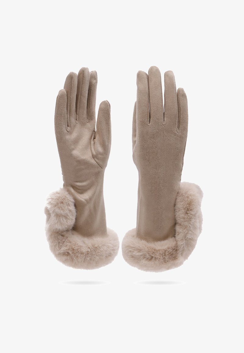 Guanti in suede beige morbido con polsini in pelliccia soffice, mostrati dalla vista del palmo e dal retro su uno sfondo bianco.