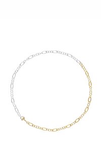 Naszyjnik z łańcuszka w kolorze srebra i złota z naprzemiennymi owalnymi ogniwami, z polerowanym wykończeniem, wyposażony w bezpieczne zapięcie z tyłu dla łatwego noszenia.