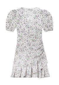 Vit kort klänning med lila blommönster, puffärmar, V-ringning, rynkad midja och volang asymmetrisk nederkant.