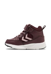Bordeauxfarbenen Sportschuh mit verstärkter Zehe, pinken Akzenten und Klettverschluss. Materialien aus Mesh und Leder; strukturierte Sohle für besseren Grip.