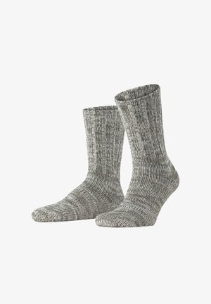 Graue gestrickte Socken mit geripptem Muster, das ein gemischtes Muster aus hellen und dunklen Grautönen zeigt, mittlere Höhe und verstärktem Zehen- und Fersenbereich.