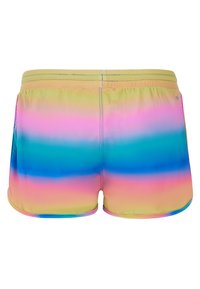 Shorts de bain dégradés de jaunes, roses et bleus. Fabriqués en tissu lisse avec une taille élastique. Présentent des coutures contrastées.