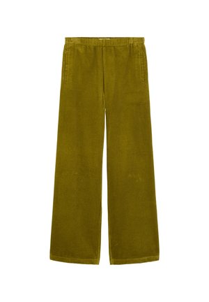 Olijfgroene corduroy wijde broek met een gestructureerd ribbelpatroon, een elastische tailleband en zijzakken, met een zachte afwerking.