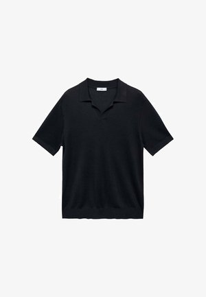 Black short-sleeve polo shirt featuring a V-neck, flat collar, and ribbed texture. Material appears lightweight and smooth.