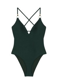 Mörkgrön ribbad baddräkt med djup V-hals, korsade axelband och detaljer i gyllene färg. Har högskuren benöppning.
