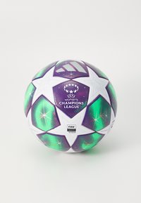 UEFA Women's Champions League soccer ball, white with purple and green star patterns, featuring textured surface and FIFA quality label.