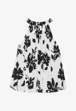 Sort og hvid blomstret ærmeløs top med plisseret tekstur, rund halsudskæring og iøjnefaldende blomstermønster med store mørke blomster.