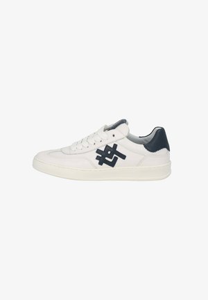 White leather sneaker with navy accents, featuring a textured logo, round toe, flat laces, and a contrasting heel tab.