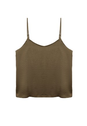 Top de tirantes ajustables en verde oliva, de corte relajado y con una tela suave y ligeramente texturizada. Diseño con escote en V.