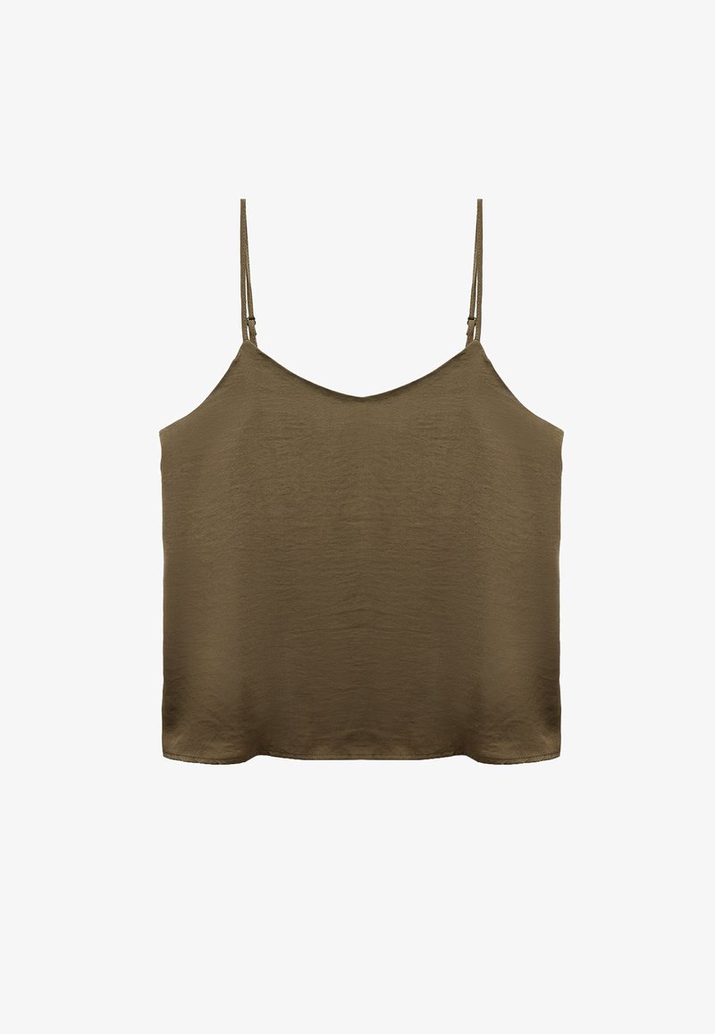 Olive green camisole top with thin adjustable straps, a relaxed fit, and a smooth, slightly textured fabric. V-neck design.