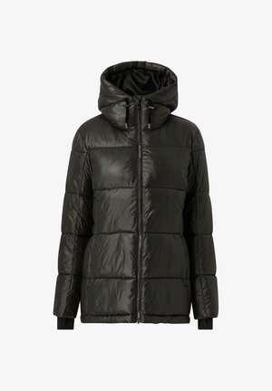 Veste matelassée noire avec col montant, fermeture éclair à l'avant, cordons de serrage pour la capuche ajustable et manches longues avec poignets intérieurs.