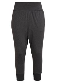 Dunkelgraue, schmal zulaufende Jogginghosen mit einem breiten elastischen Bund und gerippten Bündchen. Weicher, leichter Stoff mit einer dezenten Textur.