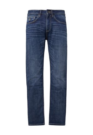 Jeans in denim blu a vita media con un design a gamba dritta, dotati di patta con cerniera, cinque tasche e dettagli di cucitura sottili.