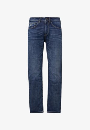 Niebieskie dżinsy o średnim stanie z prostymi nogawkami, z suwakiem, pięcioma kieszeniami i subtelnymi detalami w ściegach.