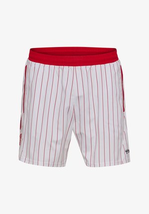 Hvide atletikshorts med tynde lodrette røde striber, bredt rødt elastikbånd i taljen, sidelommer og små logoer på nederste sider.