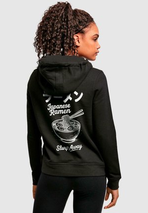 Black hoodie with a graphic of a ramen bowl and chopsticks on the back, featuring white Japanese text and "Slurp Away" in a playful font.