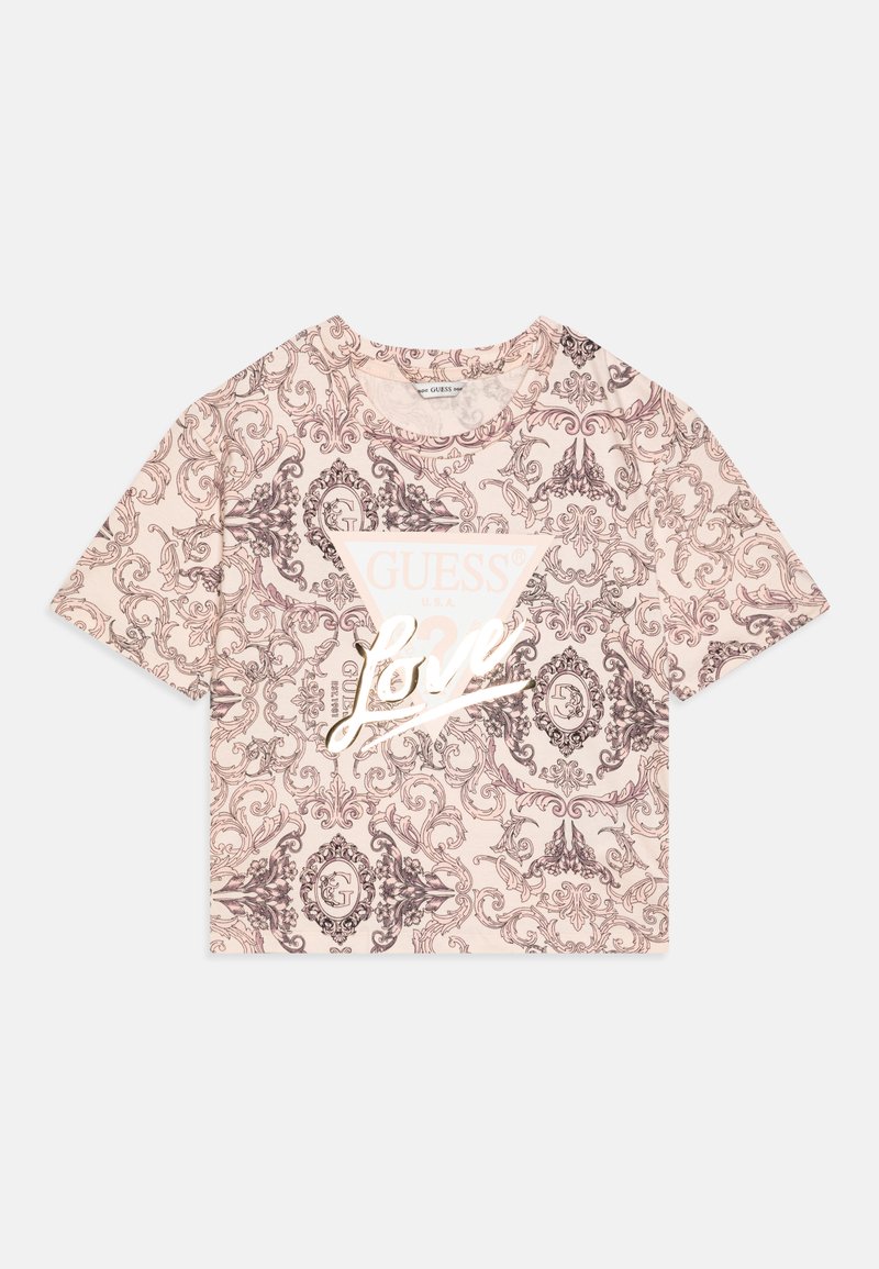 Kortermet, cropped t-skjorte i myk rosa stoff med intrikate mørkebrune barokkmønstre og en sentral hvit logo-trekan med "LOVE."