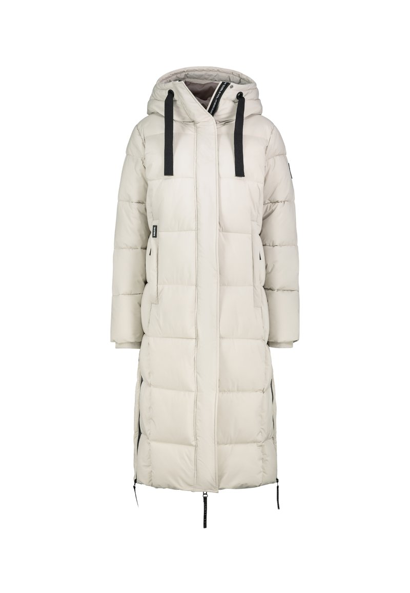 Pufferjas in lichtbeige, met een capuchon, zwarte trekkoorden, lange mouwen, een ritssluiting aan de voorkant en zijzakken met rits. Gequilt ontwerp door het geheel.