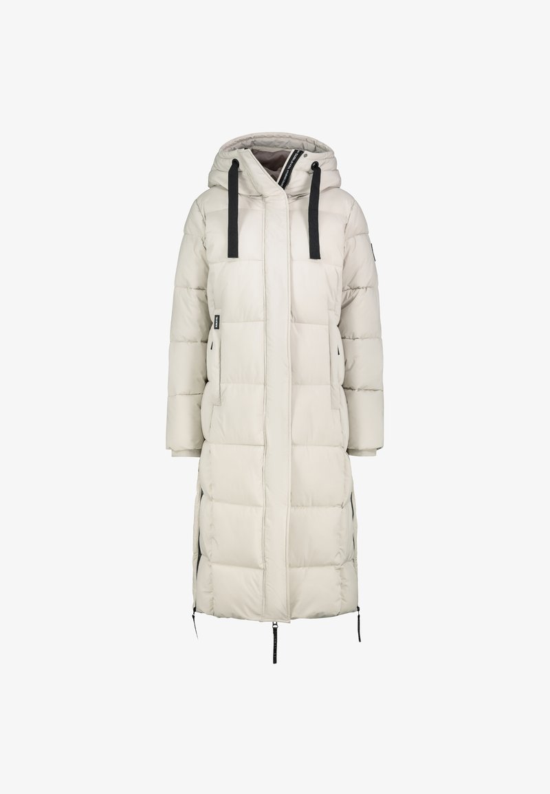 Pufferjas in lichtbeige, met een capuchon, zwarte trekkoorden, lange mouwen, een ritssluiting aan de voorkant en zijzakken met rits. Gequilt ontwerp door het geheel.