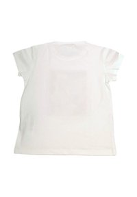 T-shirt bianco a maniche corte, col ronde, materiale in cotone morbido, orlo dritto, superficie liscia, design pulito senza grafiche o motivi.