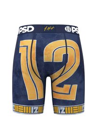 Hankongers i blå mesh-stoff med store gule tall "12" på baksiden, hvit midjebånd med merkevarelogo og gule detaljer.